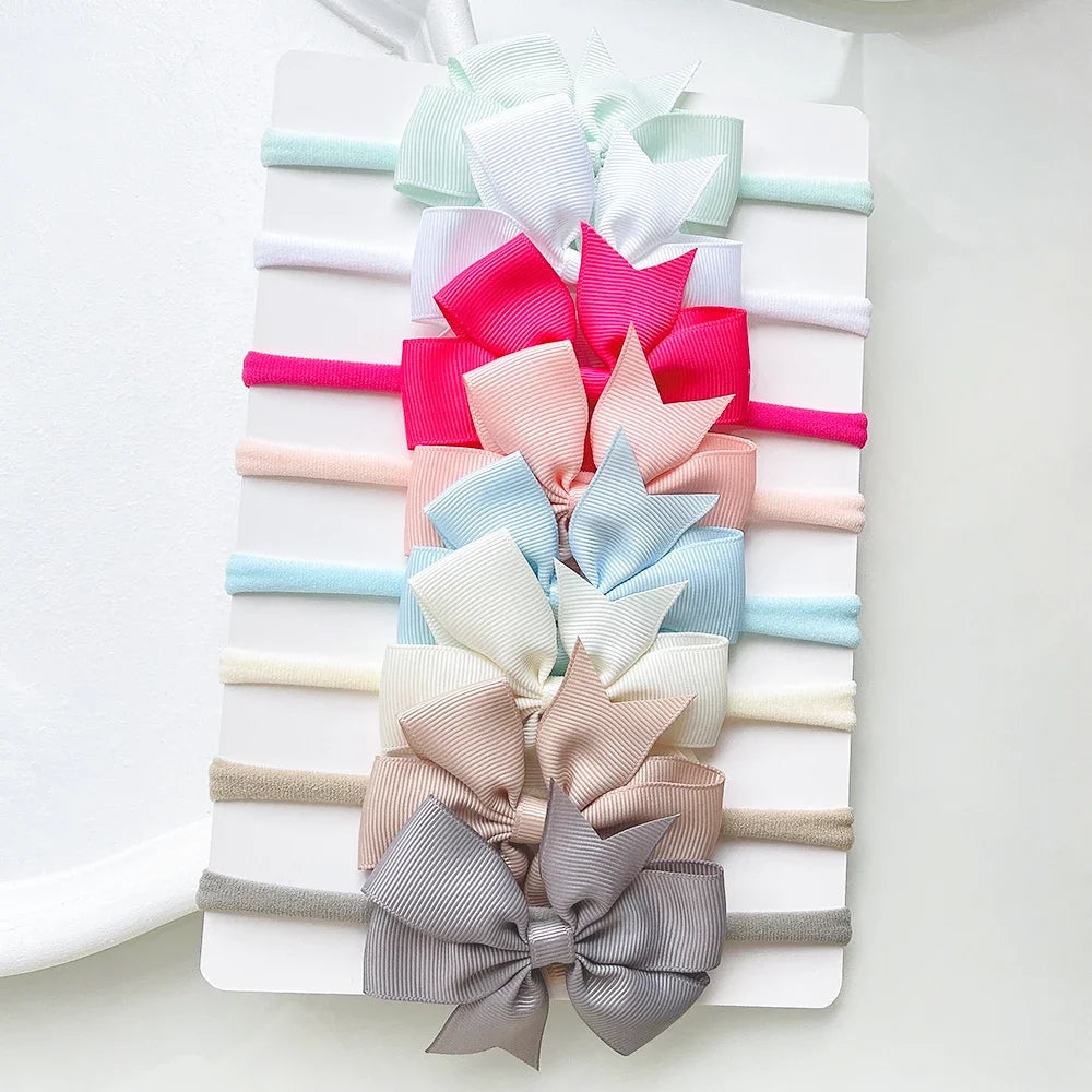 8Pcs/Set Solid Color Nylon Six Ears Bows Headband for Baby Bowknot Elastic Hair Band Handmade Headwear Girls Hair Accessories