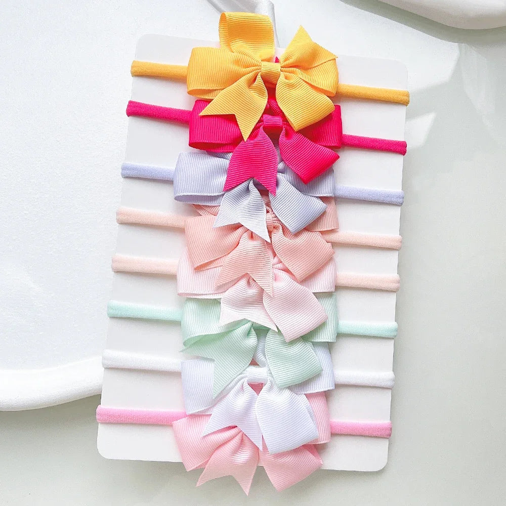 8Pcs/Set Solid Color Nylon Six Ears Bows Headband for Baby Bowknot Elastic Hair Band Handmade Headwear Girls Hair Accessories