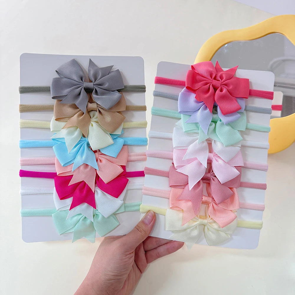8Pcs/Set Solid Color Nylon Six Ears Bows Headband for Baby Bowknot Elastic Hair Band Handmade Headwear Girls Hair Accessories